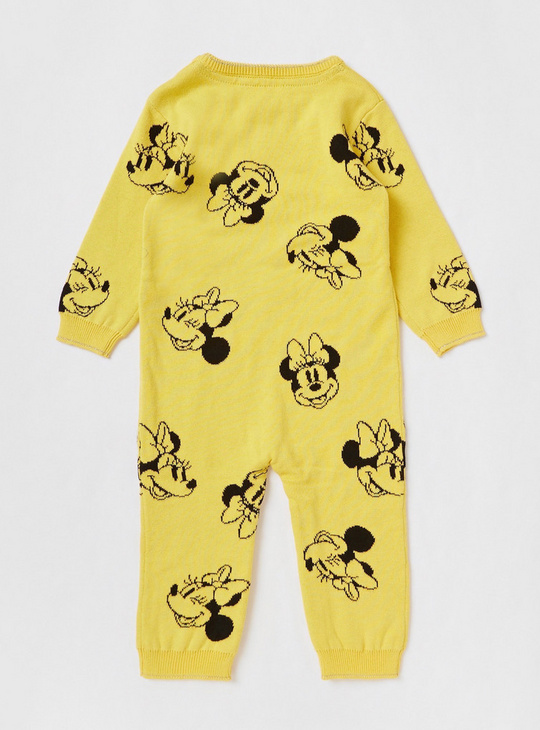 All-Over Minnie Mouse Print Romper with Round Neck and Long Sleeves