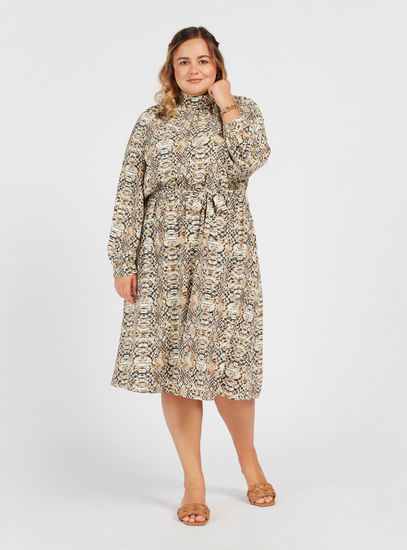 All-Over Snake Print A-line Midi Dress with Long Sleeves