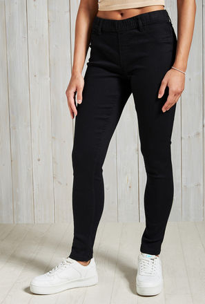 Solid Mid-Rise BCI Cotton Jeggings with Elasticated Waistband