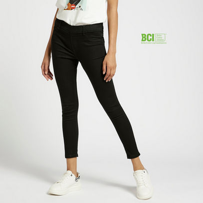 Solid Mid-Rise BCI Cotton Jeggings with Elasticated Waistband