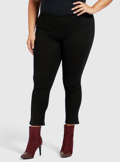 Solid Mid Waist Cropped Jeggings with Elasticised Waistband
