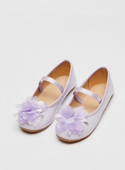 Solid Ballerina Shoes with Floral Applique and Elasticated Strap