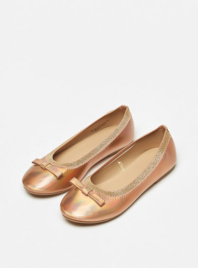 Solid Round Toe Ballerina Shoes with Glitter and Bow Detail