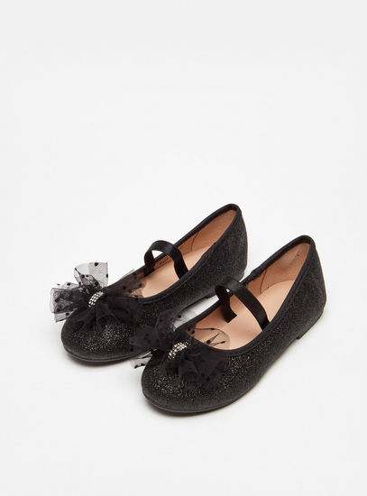 Glitter Detail Round Toe Ballerina Shoes with Floral Applique and Elasticated Strap