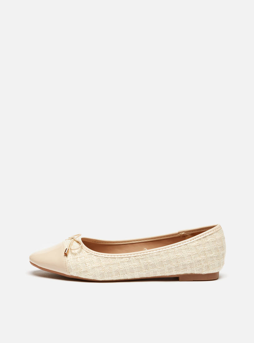Textured Round Toe Slip-On Ballerina Shoes with Bow Accent-Ballerinas-image-0
