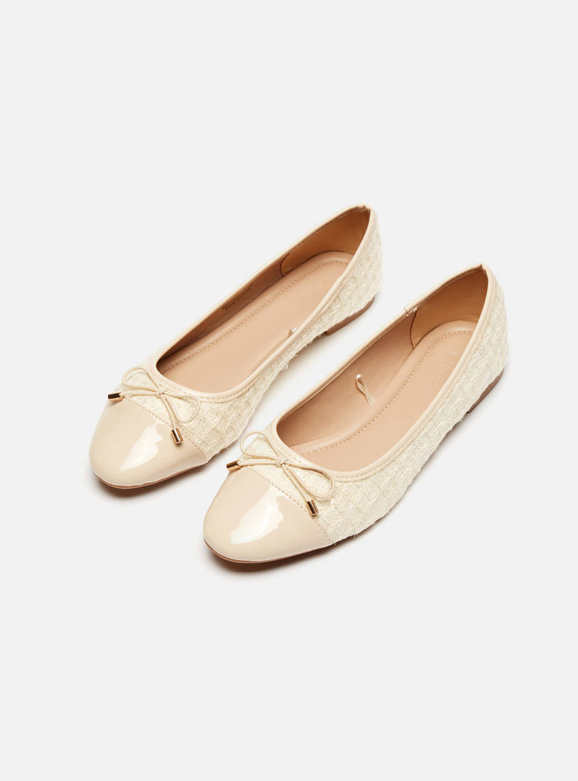 Textured Round Toe Slip-On Ballerina Shoes with Bow Accent-Ballerinas-image-1