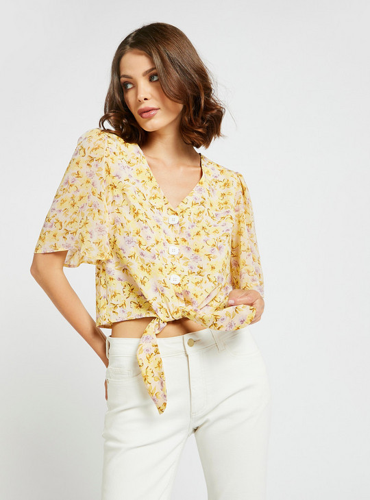 Floral Print Crop Top with Knot Detail and Short Sleeves