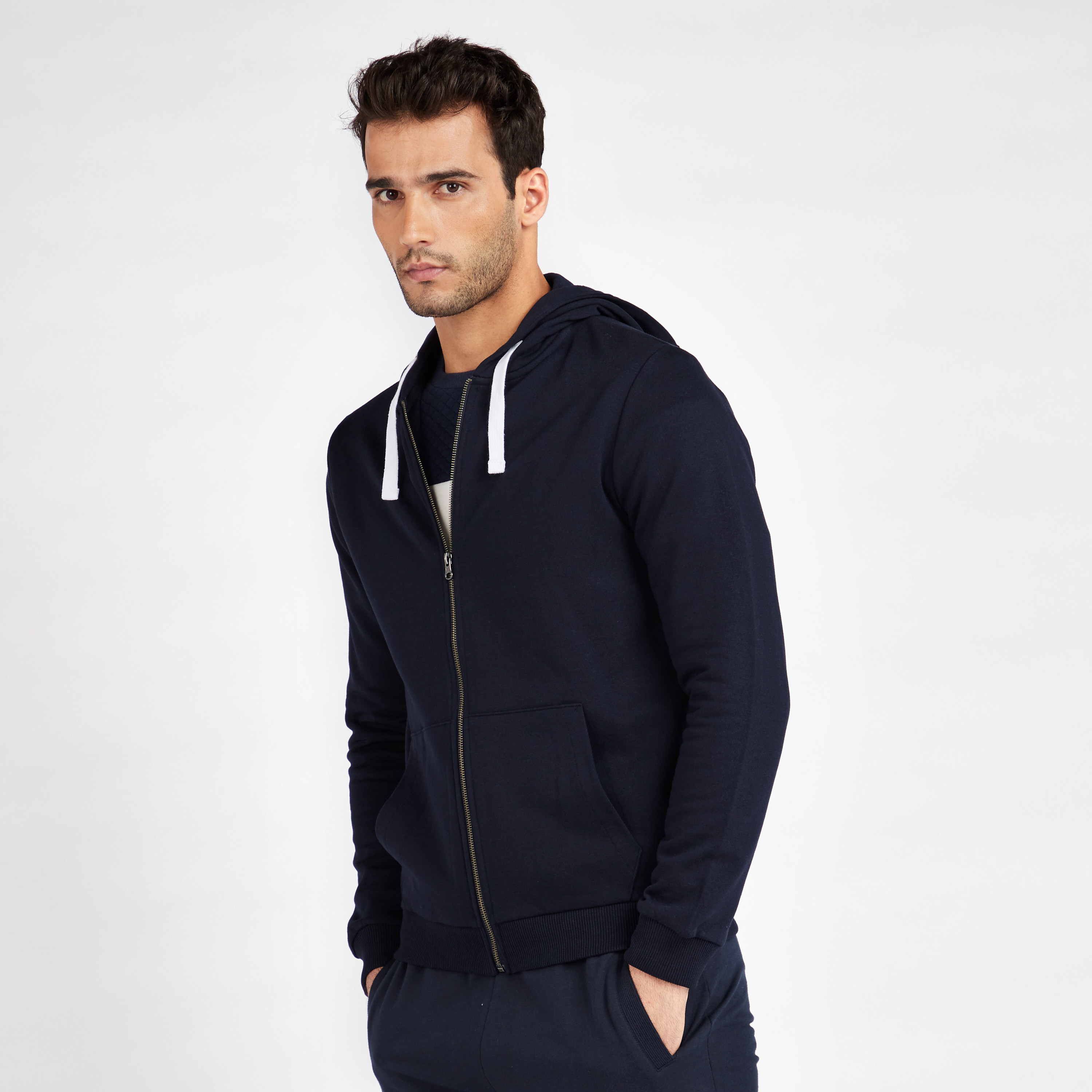 Shop Solid Hoodie with Zip Closure and Long Sleeves Online Max Bahrain