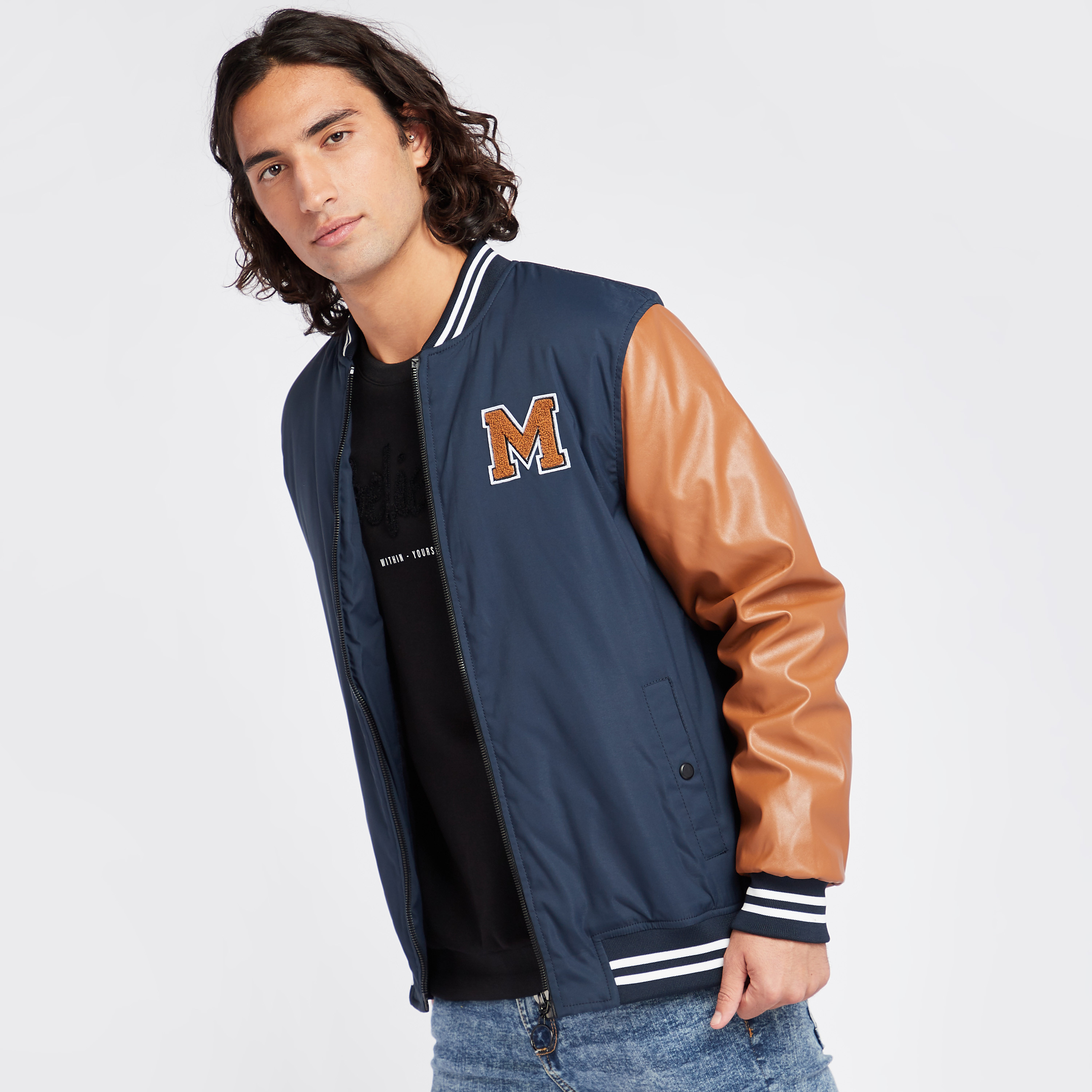 Shop Solid Varsity Jacket with Pocket Detail and Long Sleeves 