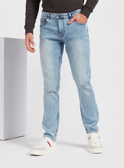 Ripped Mid-Rise Full Length Denim Jeans with Pockets