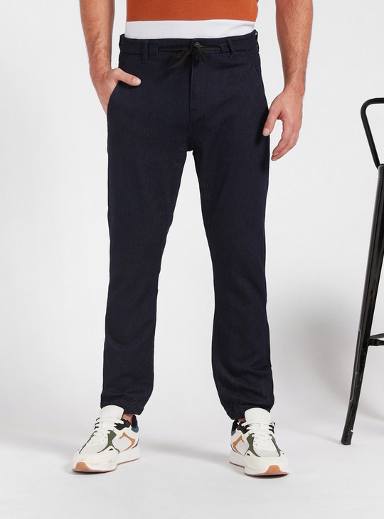 Textured Mid-Rise Jeans with Pockets and Drawstring Closure