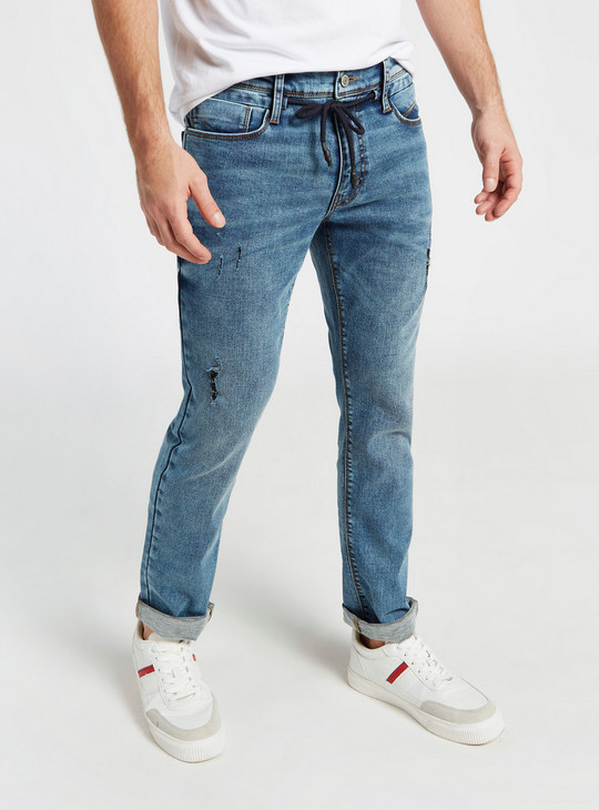 Solid Slim Fit Mid-Rise Denim Jeans with Pockets and Drawstring Detail