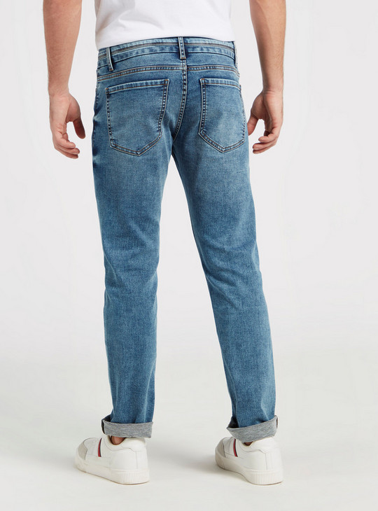 Solid Slim Fit Mid-Rise Denim Jeans with Pockets and Drawstring Detail