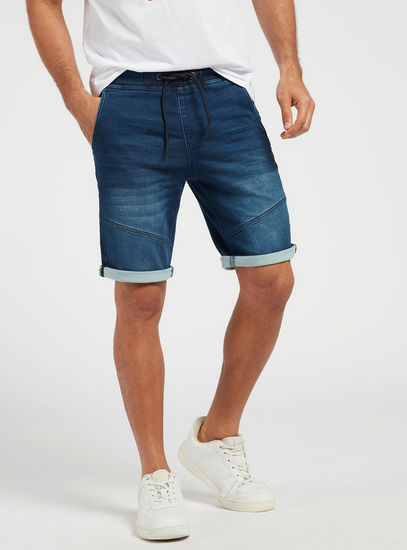 Denim Panelled Shorts with Pockets and Drawstring Closure-Shorts-image-0