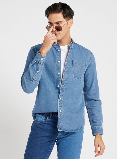 Solid Denim Shirt with Long Sleeves and Pocket Detail-Shirts-image-0