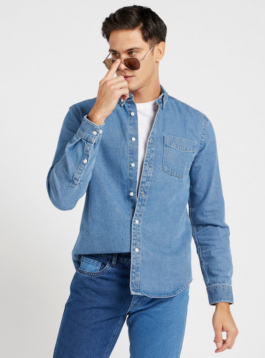 Solid Denim Shirt with Long Sleeves and Pocket Detail