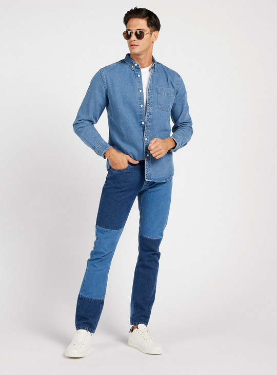 Solid Denim Shirt with Long Sleeves and Pocket Detail