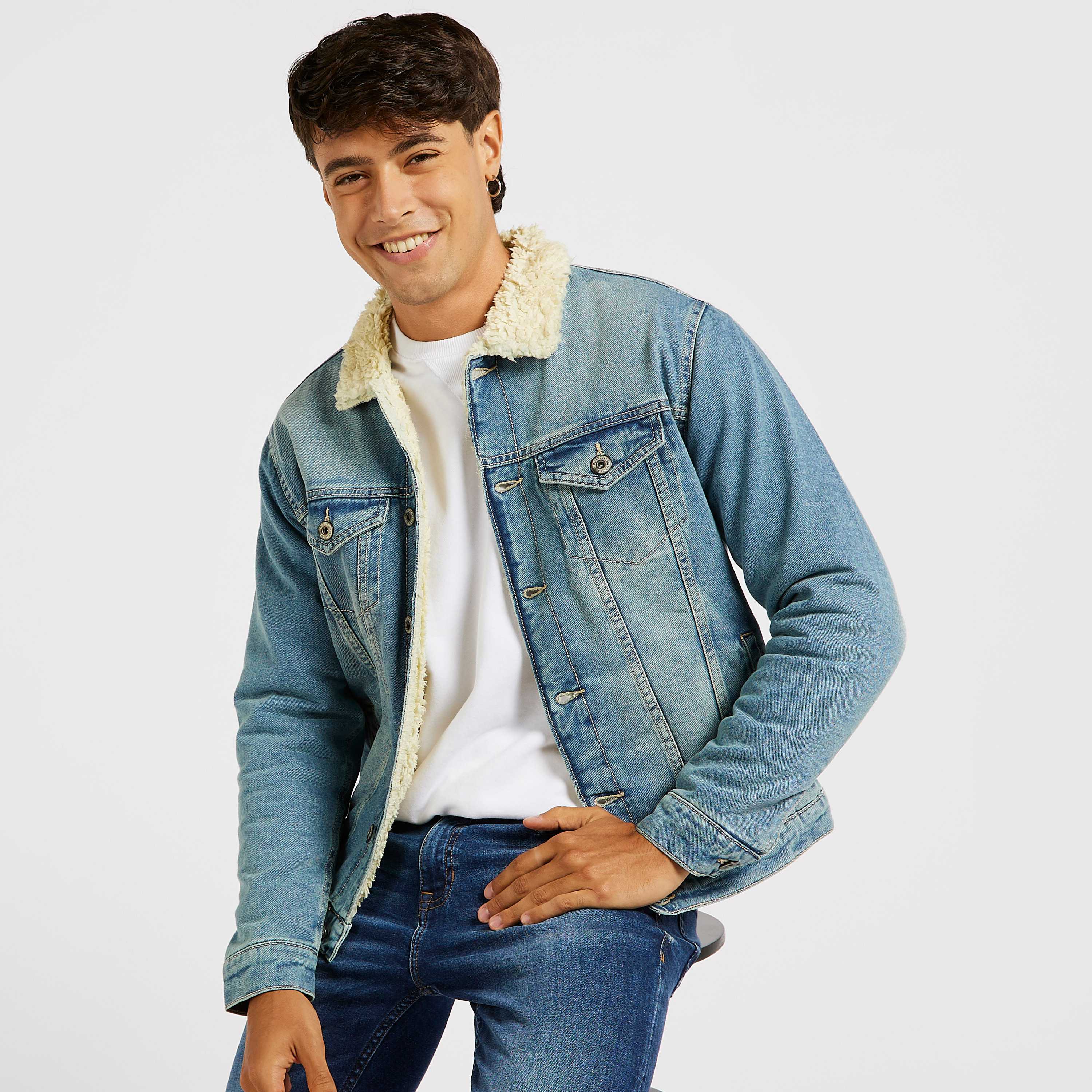 Shop Textured Trucker Jacket with Long Sleeves and Front Button Up Online Max Qatar