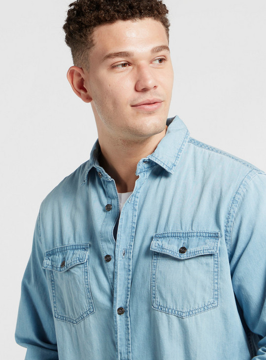Solid Denim Shirt with Long Sleeves and Pockets