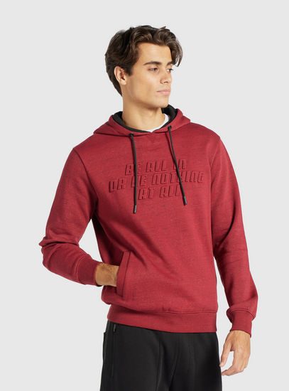 Text Embossed Hooded Sweatshirt with Pocket and Long Sleeves