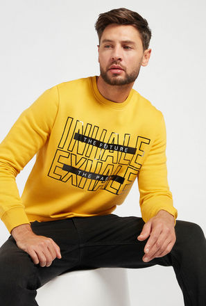Text Print Sweatshirt with Round Neck and Long Sleeves