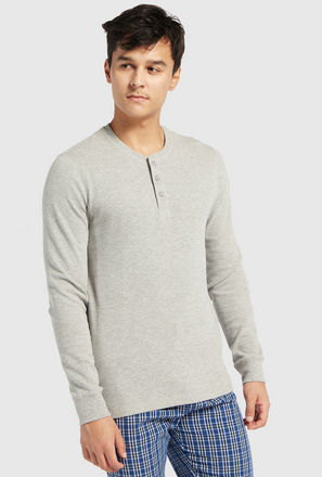 Textured Sleepshirt with Henley Neck and Long Sleeves