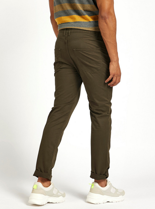Solid Slim Fit Mid-Rise Pants with Pockets and Belt Loops