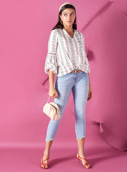 All-Over Printed Top with V-Neck and Long Sleeves