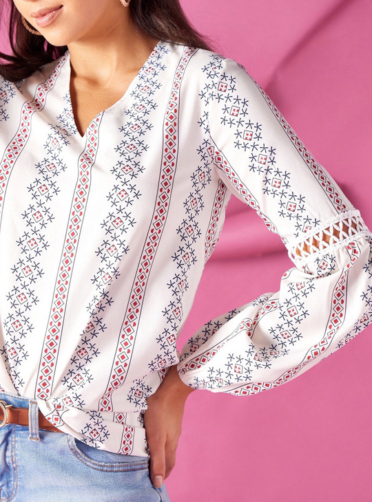 All-Over Printed Top with V-Neck and Long Sleeves