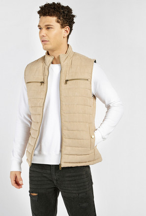 Solid Sleeveless Jacket with High Neck and Zip Closure