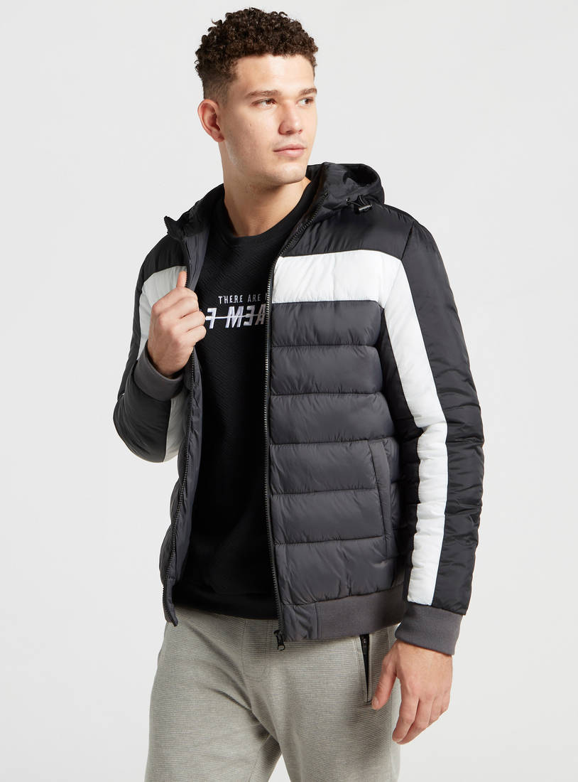Shop Colourblock Hooded Puffer Jacket with Long Sleeves and Zip Closure ...