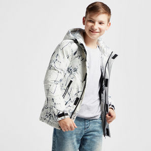 All-Over Printed Puffer Jacket with Hood and Long Sleeves