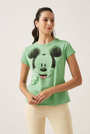Mickey Mouse Print T-shirt with Crew Neck and Short Sleeves