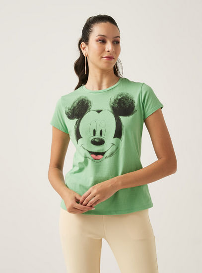 Mickey Mouse Print T-shirt with Crew Neck and Short Sleeves