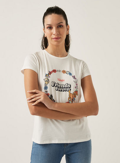 Bambi Print T-shirt with Round Neck and Short Sleeves