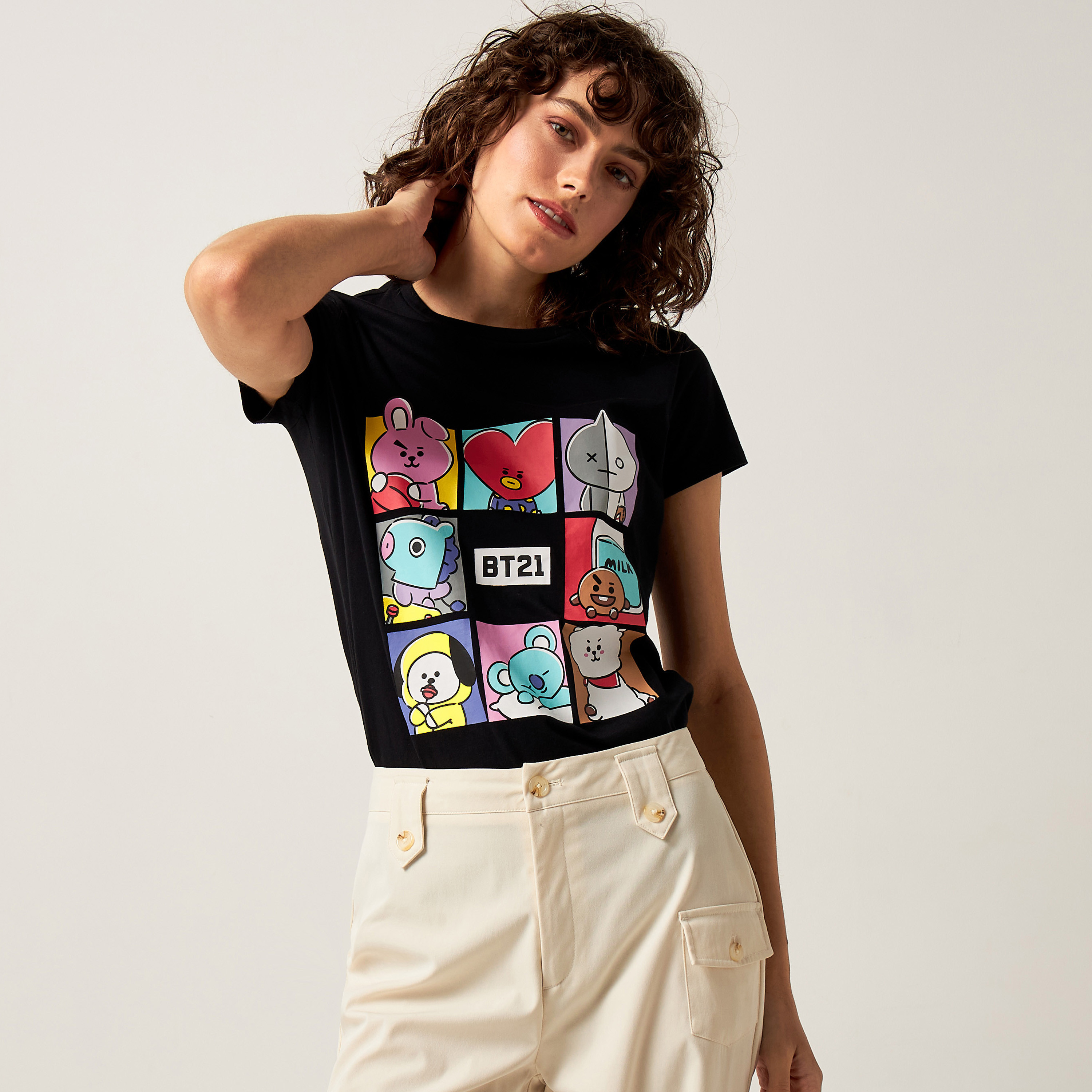 Shop BT21 Print T-shirt with Crew Neck and Cap Sleeves Online