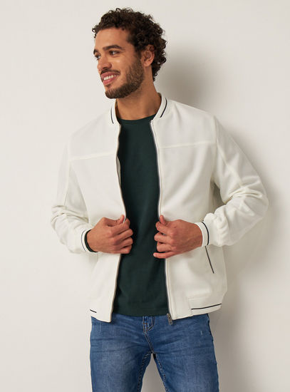 Solid Zip Through Bomber Jacket with Long Sleeves and Zipped Pockets-Jackets-image-0