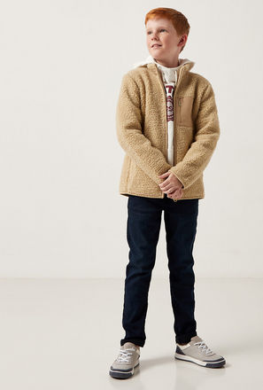 Bonded Sherpa Textured Jacket with Long Sleeves and Zip Closure