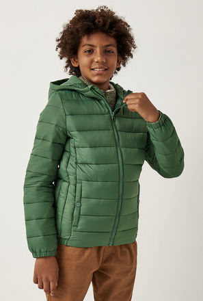 Solid Hooded Padded Jacket with Long Sleeves and Pockets