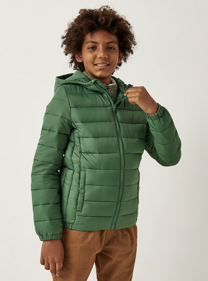 Solid Hooded Padded Jacket with Long Sleeves and Pockets