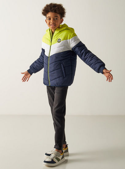 Colourblock Puffer Jacket with Hood and Zip Closure