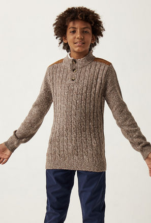 Textured Cable Knit Sweater with High Neck and Long Sleeves