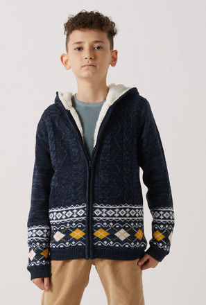 Cable Knitted Zip Through Fair Isle Sweater with Sherpa Lining and Hood
