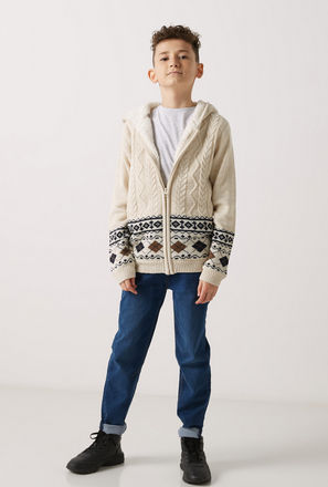 Cable Knitted Zip Through Fair Isle Sweater with Sherpa Lining and Hood
