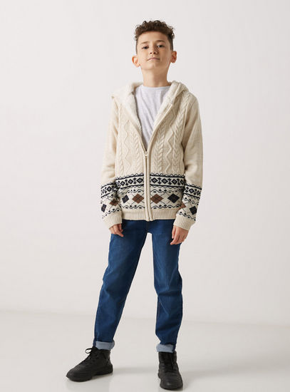 Cable Knitted Zip Through Fair Isle Sweater with Sherpa Lining and Hood-Sweaters-image-0