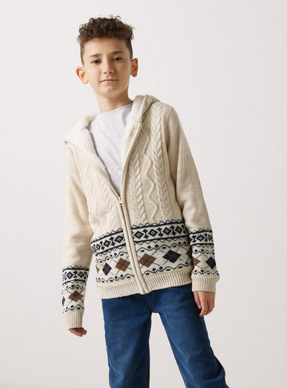 Cable Knitted Zip Through Fair Isle Sweater with Sherpa Lining and Hood-Sweaters-image-1