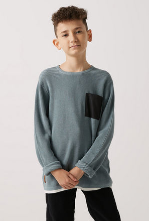 Textured Crew Neck Sweater with Chest Pocket and Hem Insert