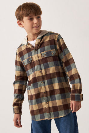 Checked Plaid Shirt with Hood and Long Sleeves