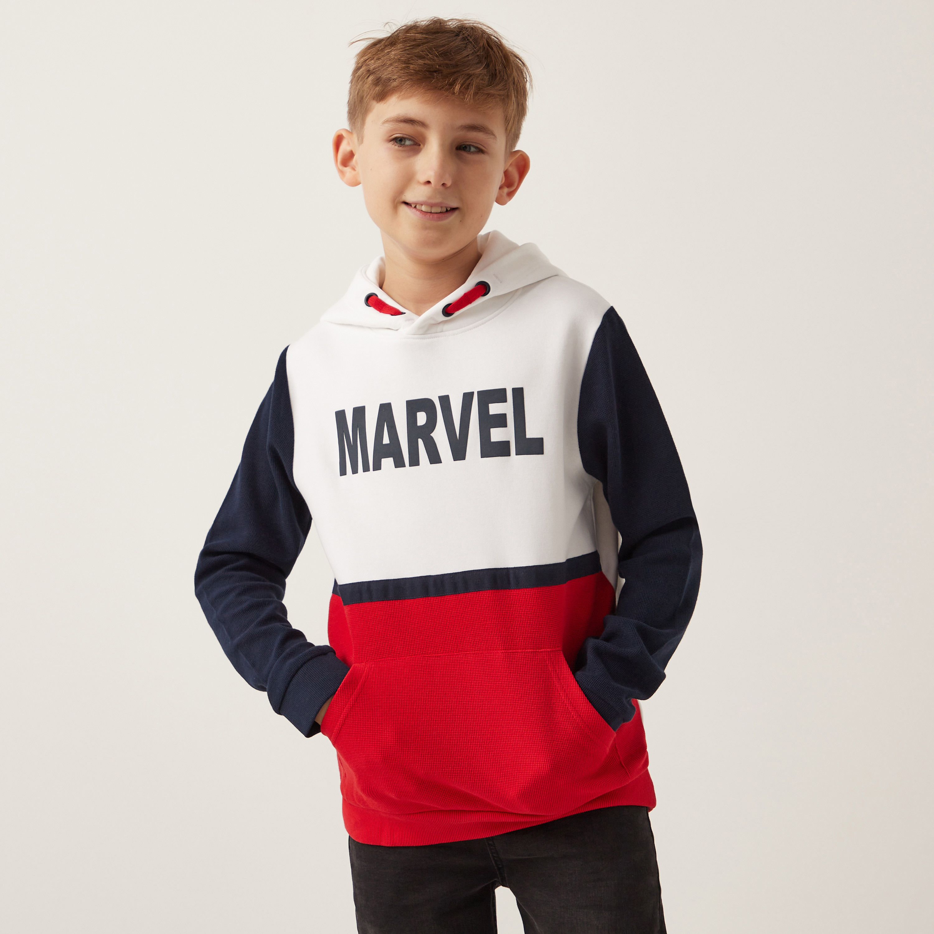 Shop Colourblock Marvel Print Hoodie with Long Sleeves Online