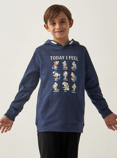 Donald Duck Print Hooded Sweatshirt with Pocket and Long Sleeves
